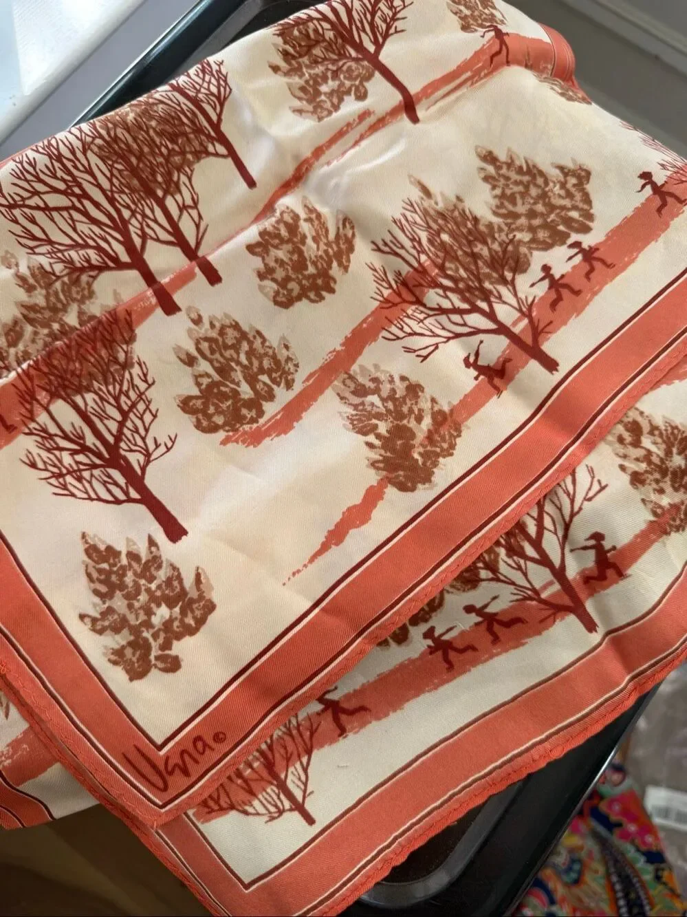 Vintage Vera Neumann Tree Playful Figure Silk Scarf Orange Brown 14” x 44”